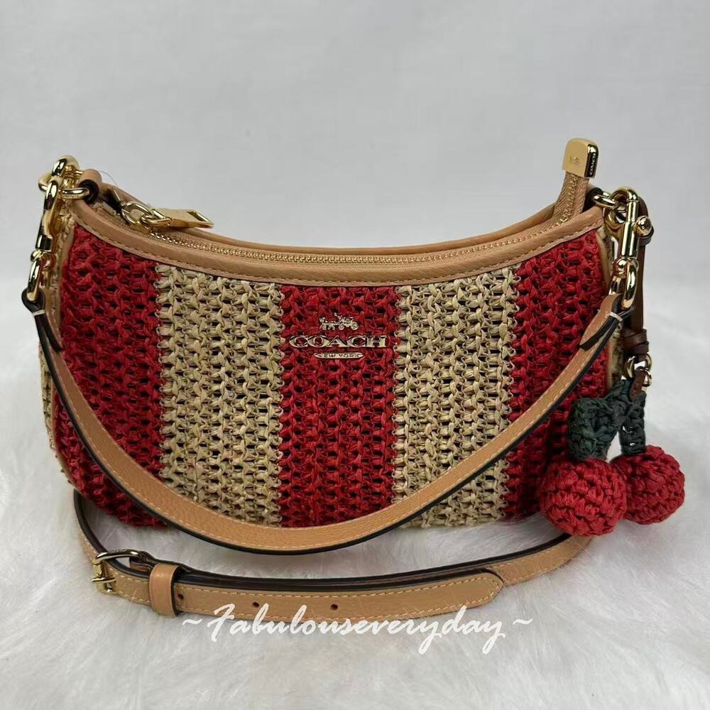 Coach Teri Shoulder Bag With Stripes And Charm In Straw/Gold/Red/Tan CER34 NWT